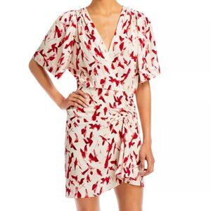 IRO Women's Size 36 (Small) Red/Cream Carta Printed Ruched Short Sleeve Dress